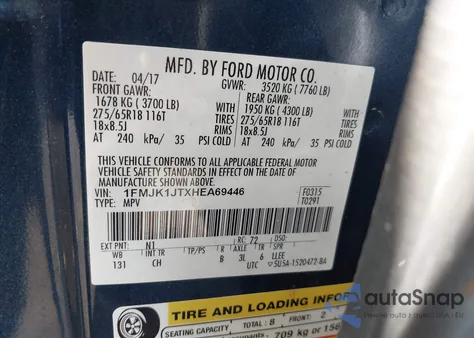 2017 Ford Expedition El Xlt z USA, uszkodzony, nr VIN 1FMJK1JTXHEA69446